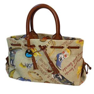 Dooney & Bourke Tan Canvas Tote with Brown Leather Trim and Multicolor Accents